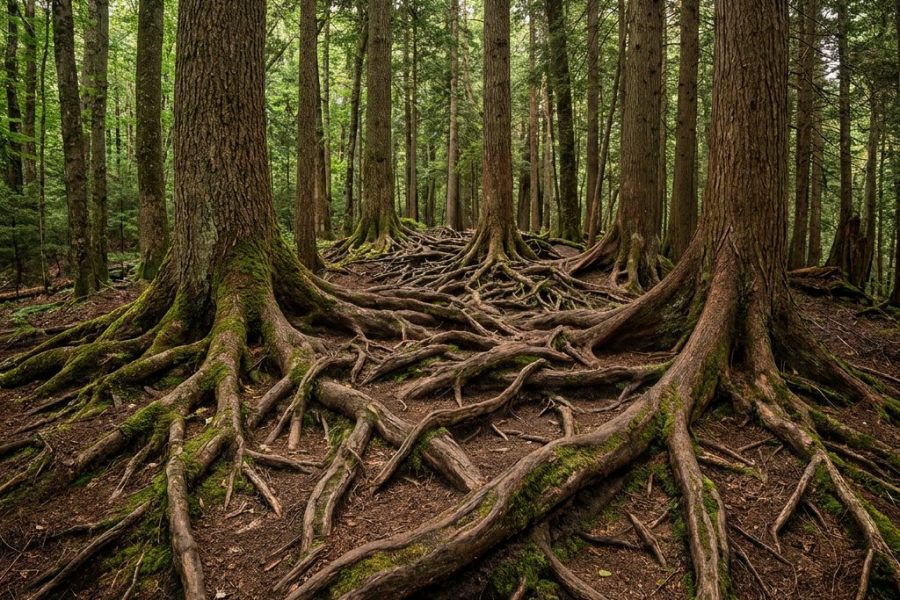 Racines d'arbres entrelacées formant un réseau au sol d'une forêt