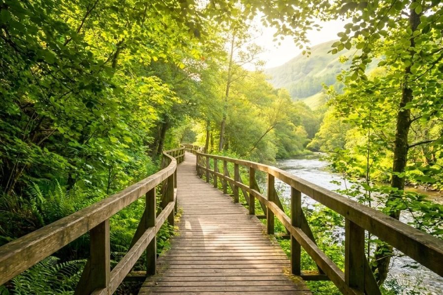 Passerelle en bois traversant une forêt vers la lumière